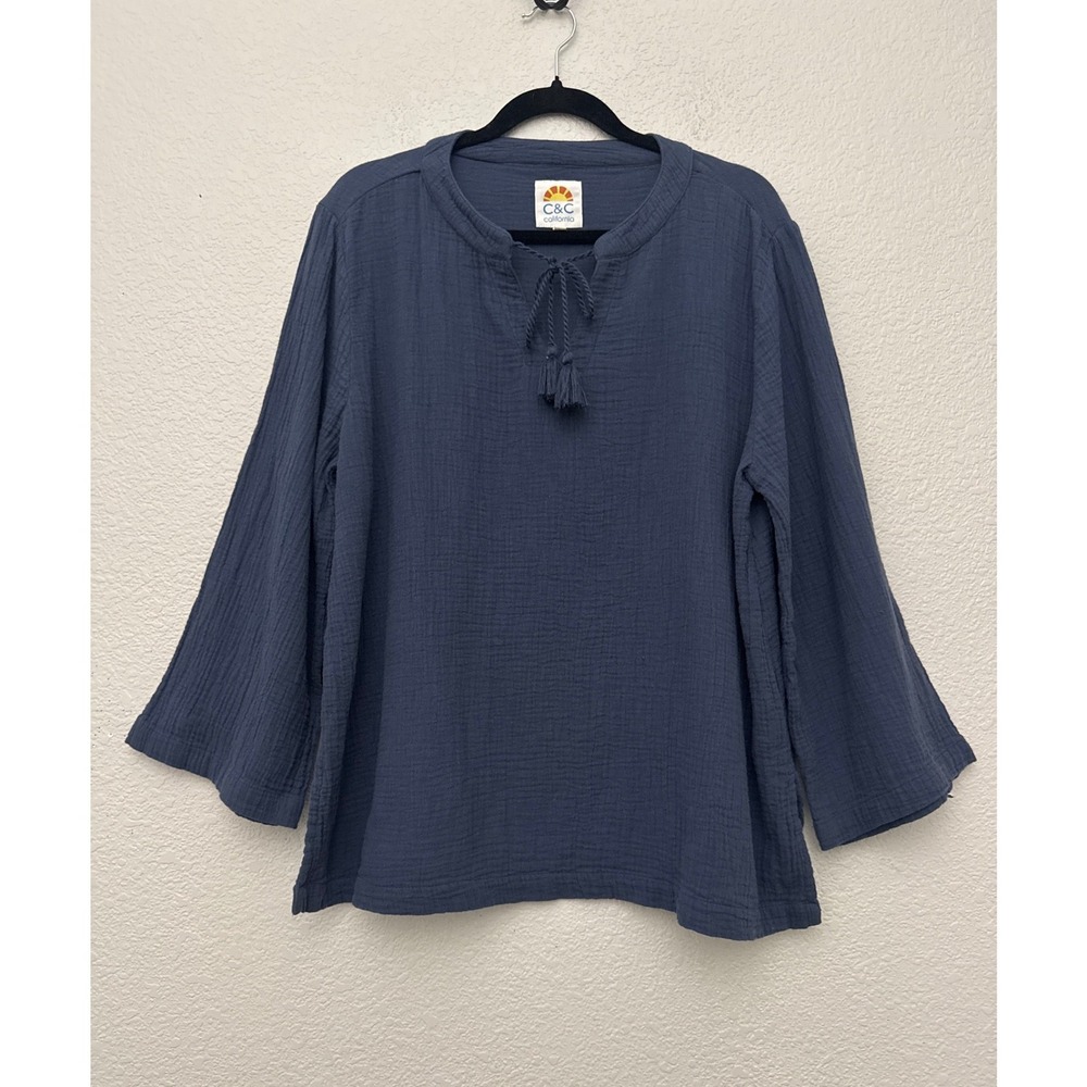 C&C California Top Blue Gauze Cotton Tassel Tie Bell Sleeve Size XL